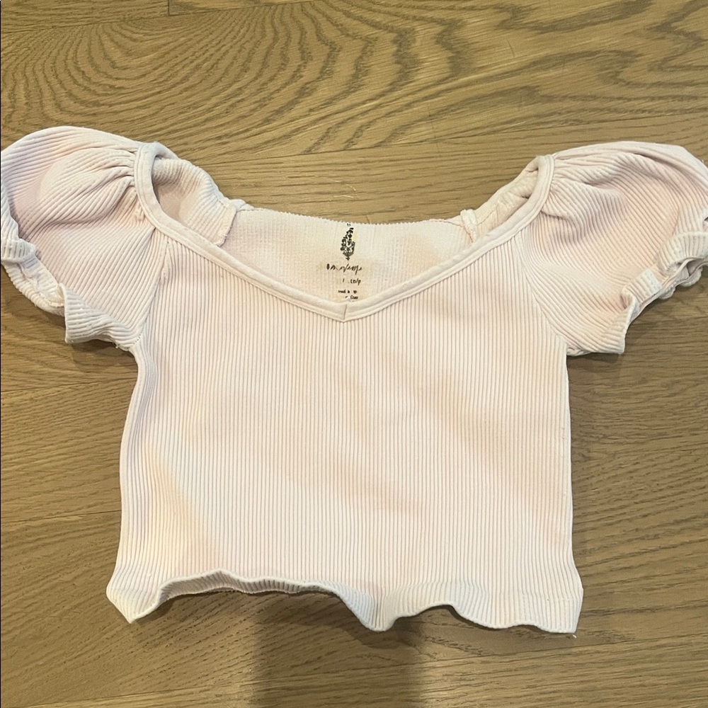 FP Movement by Free People Pale Pink Ribbed Puff Sleeve Cropped Top